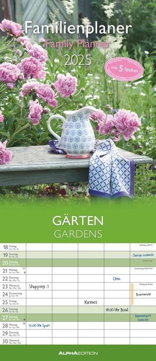 Produktbild Alpha Edition Gärten 2025 Familienplaner, 19,5x45cm, Familienkalender mit 5 Spalten für Termine (Harter Einband, Deutsch)