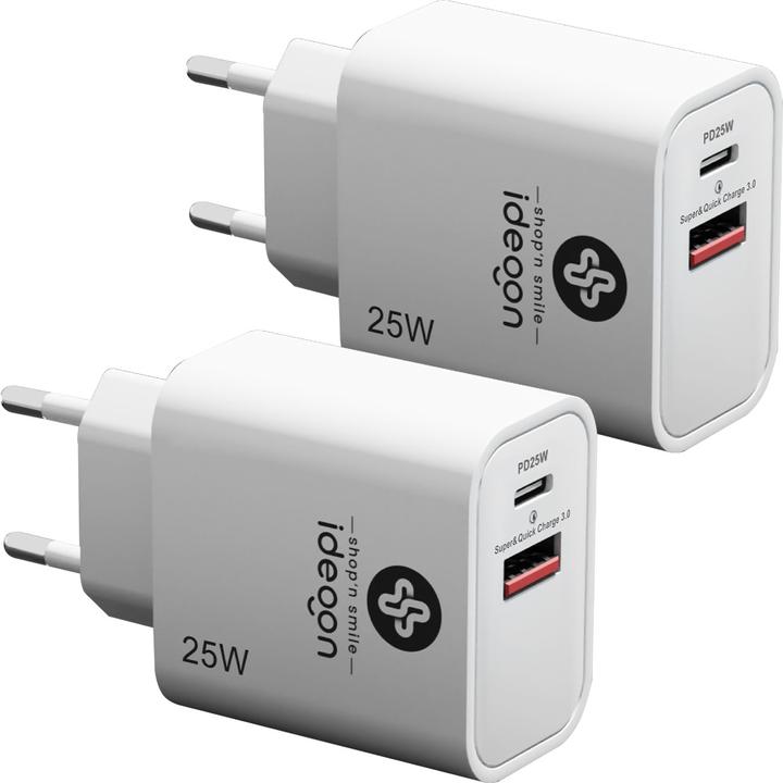 Produktbild Ideoon 2er-Set Dual 25Watt USB Ladegerät, 1x USB-C und USB-A, PD- & QC-Netzteil, weiss (25 W)