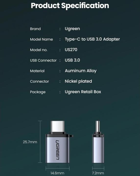 Actual product image Ugreen USB-C 3.1 to USB-A 3.0 Jack Adapter (USB Type C, USB-A)