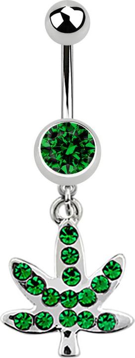 Star Piercing Banane silber mit Anhänger Hanfblatt und Kristall grün (ohne Messing, Chirurgenstahl 316L)