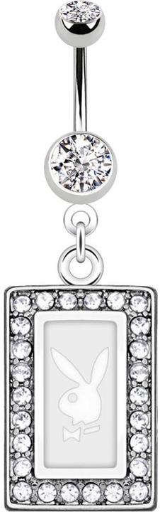 Star Piercing Banane silber mit Anhänger Playboy Kristall Quadrat weiss (Chirurgenstahl 316L, ohne Messing)