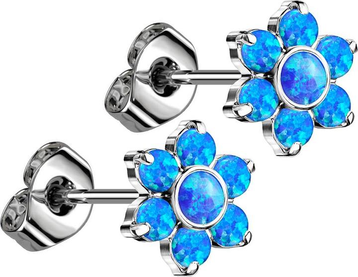 Star Piercing Threadless Ohrstecker silber Blume Opale blau (ohne Messing, Titan G23)