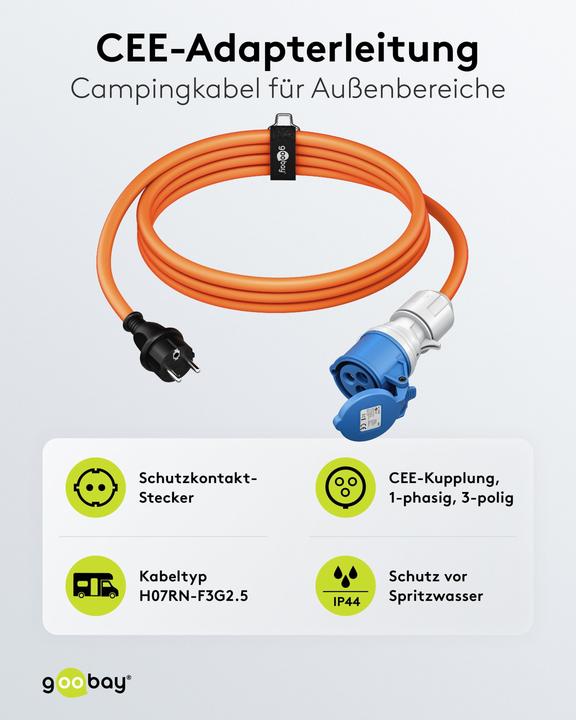 Produktbild Goobay CEE-Adapterleitung, Schutzkontakt-Stecker auf CEE-Kupplung (1.50 m)