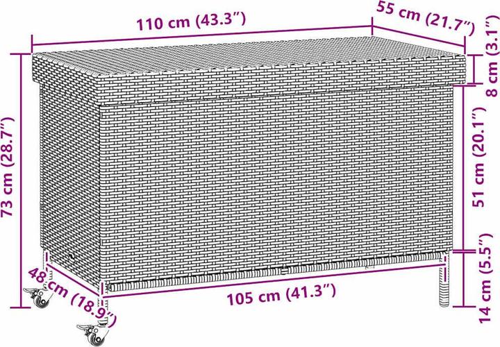 Produktbild VidaXL Gartentruhe mit Rollen Grau 110x55x73 cm Poly Rattan Garten Auflagenbox