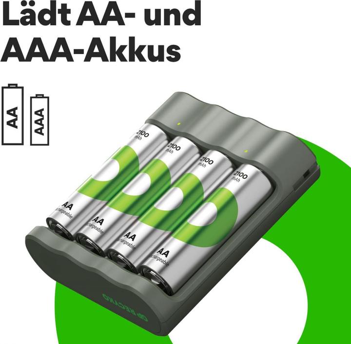 Productafbeelding GP Batteries Actie "Gratis oplader" USB model oplader GP B441 incl. 4x AA-. (4 Pcs., AA, 2100 mAh, Oplaadbare batterijen + lader)