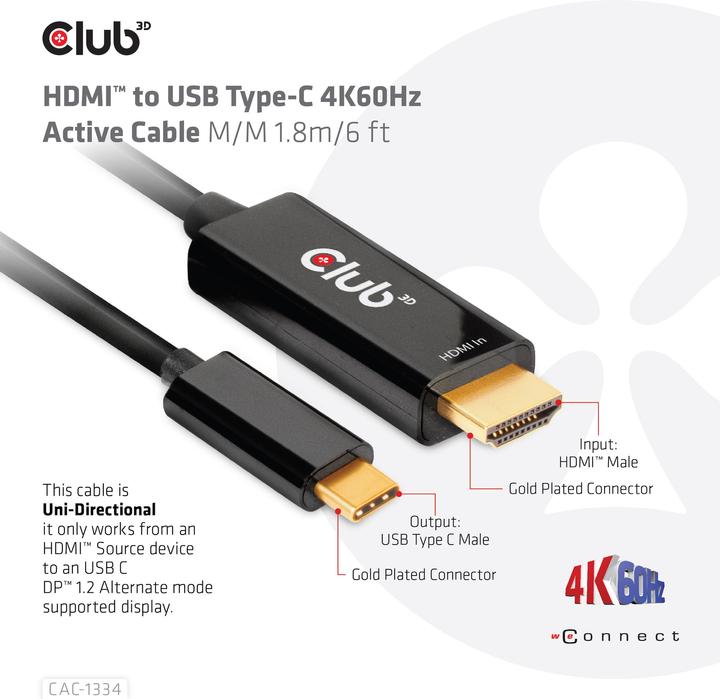Produktbild Club 3D HDMI (Typ A) — USB Typ C (1.80 m, HDMI, USB Typ C)