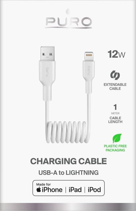 Produktbild Puro 12W USB-A - Lightning Spiralkabel 1m - Weiss (1 m, 12 W)