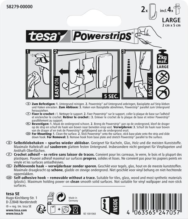 Nährwerte und Zutaten tesa Powerstrips Klebehaken LARGE Eckig - 2 x selbstklebende Wandhaken