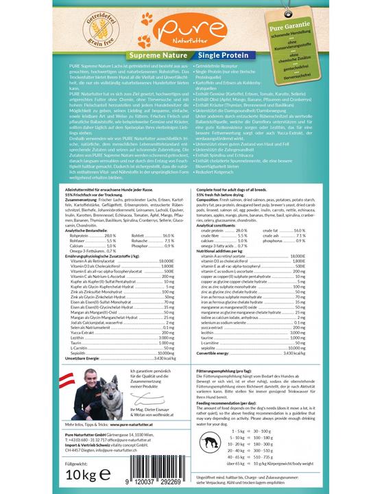 Nährwerte und Zutaten Pure Naturfutter PURE Supreme Nature Dog Single-Protein getreidefrei Lachs (Adult, 1 Stk., 10000 g)