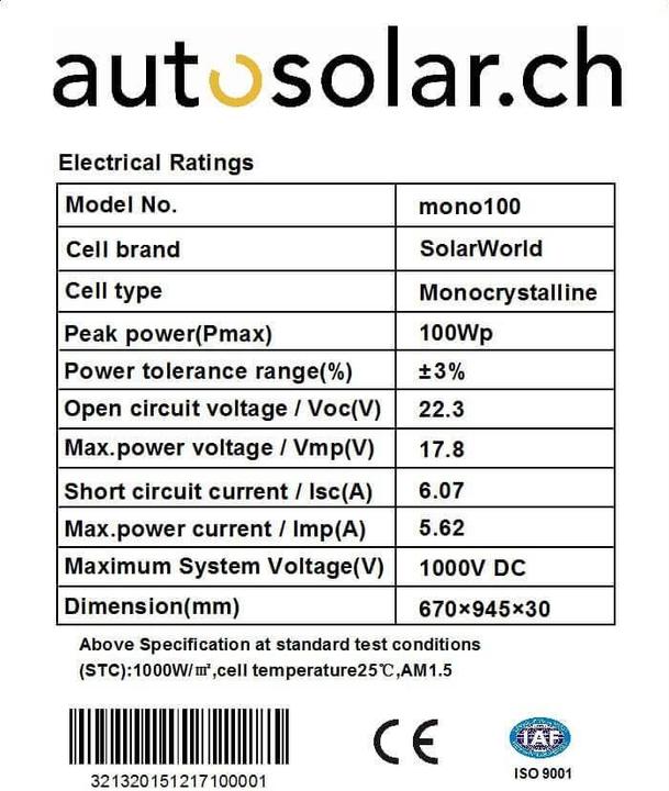 Image du produit Autosolar Panneau solaire 100 Watts (100 W, 7.20 kg)