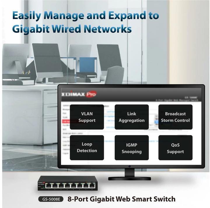 Produktbild edimax 8-Port Gigabit Web Smart Switch GS-5008E Web managed, Wall-mountable, Power supply type External, Et (8 Ports)