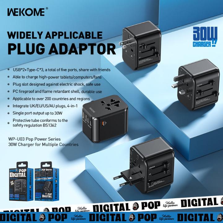 Actual product image Wekome Pop Digital Series EU/UK/US/AU charger/travel adapter + 3x USB-C & 2x USB-A (30 W)