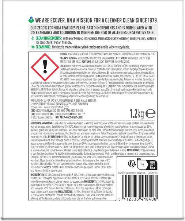 Valeurs nutritives et ingrédients Ecover Zero Sensitive (16 Cycles de lavage, Lessive en poudre)