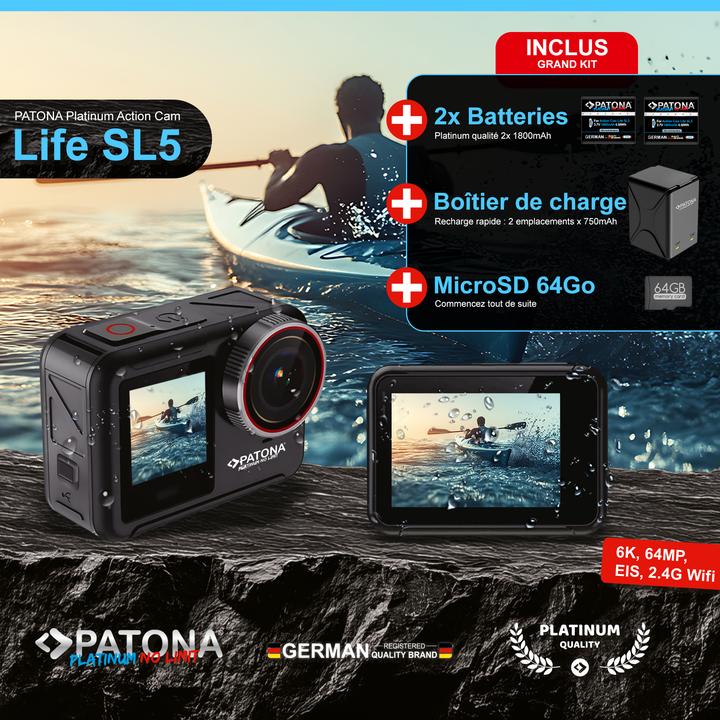 Actual product image Patona BIG SET Action Cam Life SL5 6K 90fps 64MP EIS 170° 7G Akkus+Dualladegerät+64GB Karte+Zubehör (Wi-Fi)