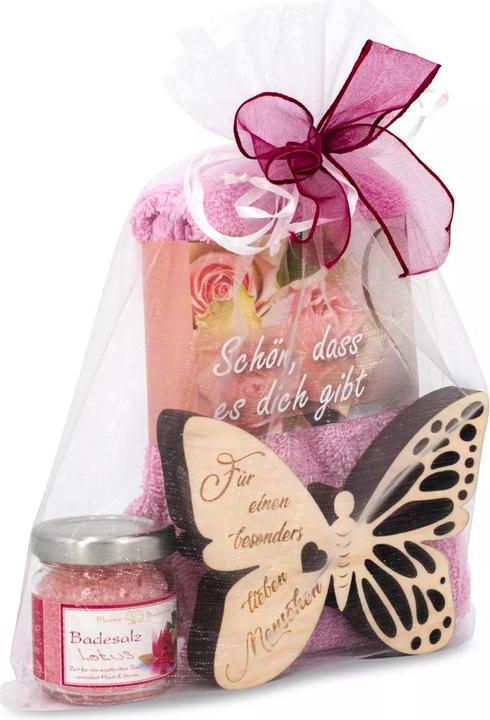Immagine prodotto ZNatur Set regalo farfalla in legno di cembro con incisione Lieber Mensch sali da bagno e asciugamano No.39 (Set per la cura del corpo)