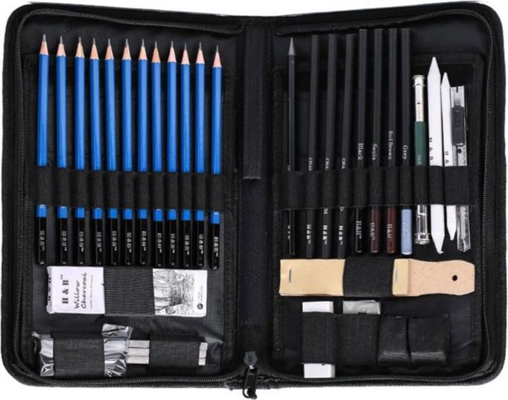 Produktbild I Am Creative Professionelles Skizzen Zubehör Set, Kohlenstifte / Bleistifte + Tasche 40-teilig (Schwarz, 40 x)