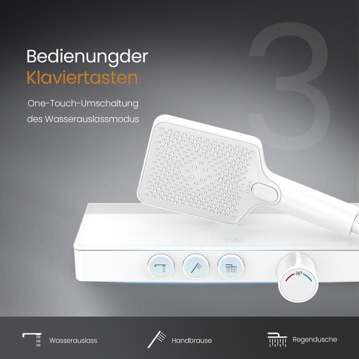 Produktbild Emke Duschsystem mit Thermostat, Handbrause + Regendusche(3 Strahlstärken) + Unterer Auslass, Weiss