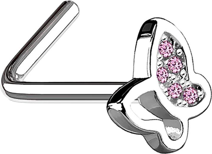 Star Piercing Nasenstecker gewinkelt silber mit Schmetterling und Kristall pink (Messing, Chirurgenstahl 316L)