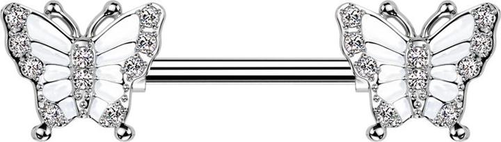 Star Piercing Barbell silber mit zwei Schmetterling silber Kristalle silber (Messing, Chirurgenstahl 316L)