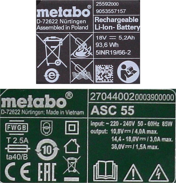 Actual product image Metabo Battery base set 18V with 1x battery 5,2Ah ( 625592000 ) + charger ASC 55 ( 627044000 ) (18 V)