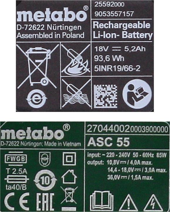 Actual product image Metabo Battery base set 18V with 2x battery 5,2Ah ( 625592000 ) + charger ASC 55 ( 627044000 ) (18 V)
