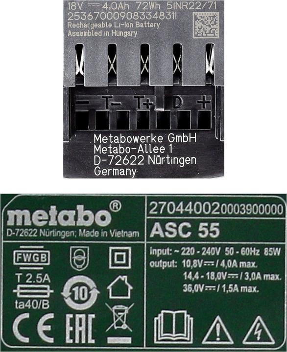 Produktbild Metabo Akku Basis Set 18V mit 1x Akku LiHD 4,0Ah ( 625367000 ) + Ladegerät ASC 55 ( 627044000 ) Folg (18 V)