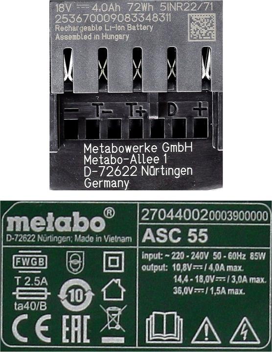 Produktbild Metabo Akku Basis Set 18V mit 2x Akku LiHD 4,0Ah ( 625367000 ) + Ladegerät ASC 55 ( 627044000 ) Folg (18 V)