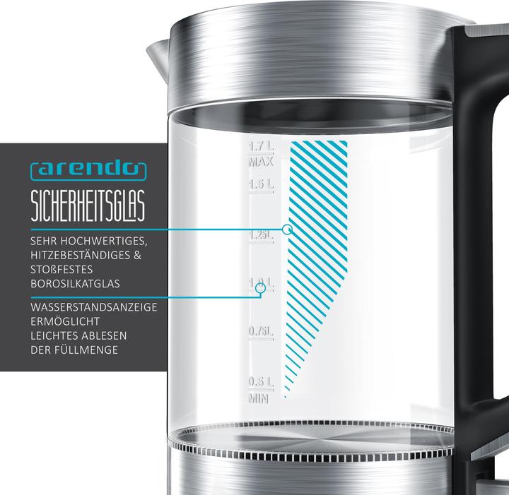 Produktbild Arendo Wasserkocher 1,7 l, 2200 W, Edelstahl & Glas, Cool-Touch-Griff, Überhitzungs- & Trockengehschutz (1.70 l)