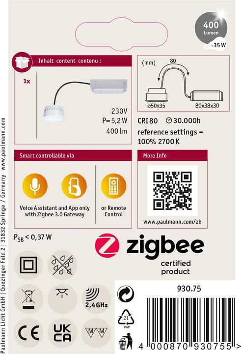 Produktbild Paulmann Coin Zigbee (GU10, 5.20 W, 400 lm, 1 x, G)