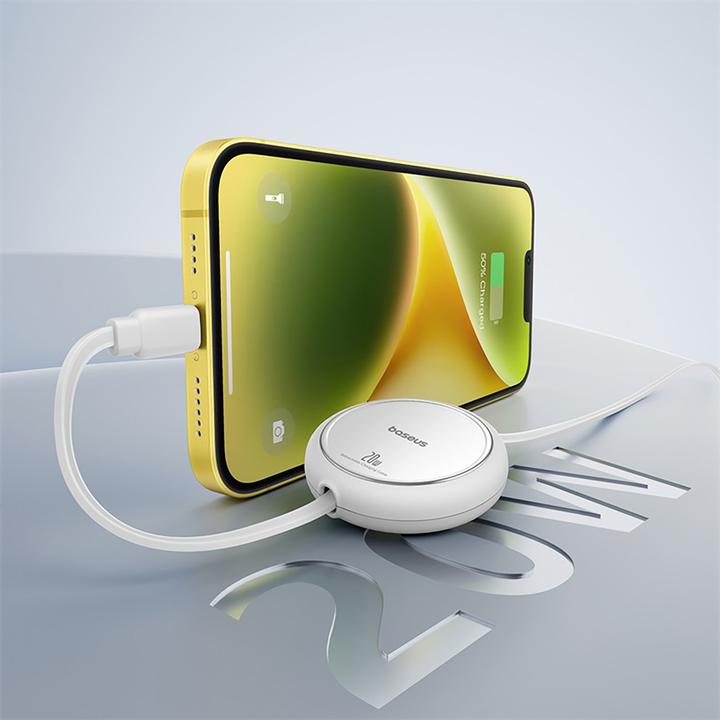 Actual product image Baseus Free2Pull retractable USB-C / Lightning cable 20W 1m - white (1 m, USB 2.0, 20 W)