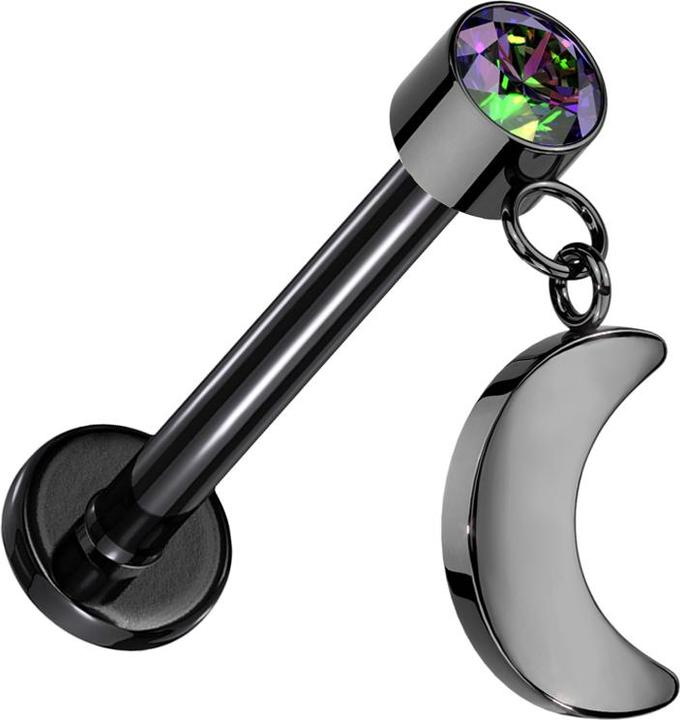 Image du produit Star Piercing Micro Threadless Labret noir cylindre noir cristal foncé multicolore pendentif lune noir (Titane G23)