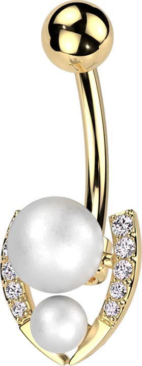 Star Piercing Banane vergoldet mit Kugel vergoldet und zwei Perlenkugeln silber Kristalle silber (Chirurgenstahl 316L, Messing)