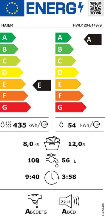 Energie-Label Haier HWD120-B14979 I-Pro Serie 7 WaschTrockner (EU-Stecker)