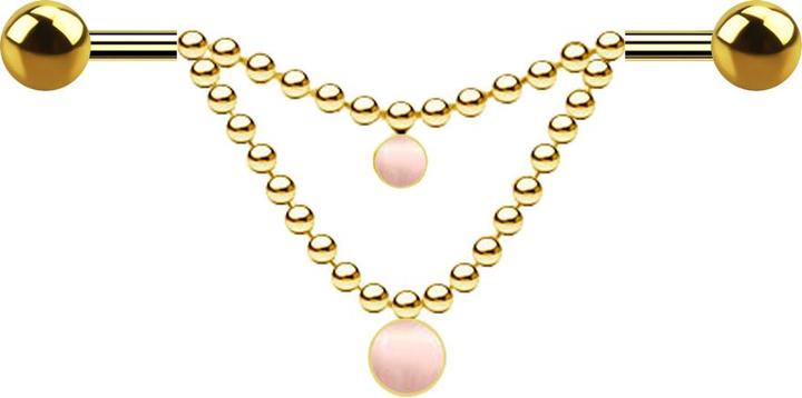 Star Piercing Barbell vergoldet zwei Kugeln zwei Ketten pinker Katzenauge Stein (ohne Messing, Chirurgenstahl 316L, Mineralisch)