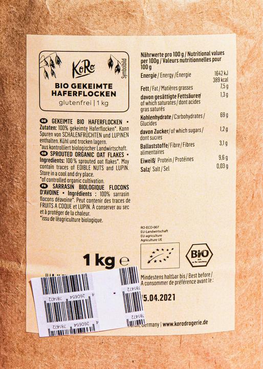 Valori nutrizionali e ingredienti KoRo Fiocchi d'avena biologici germogliati a foglie piccole (1000 g)