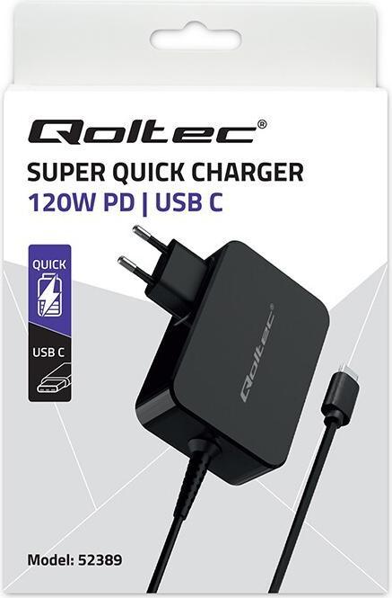 Immagine prodotto Qoltec Caricatore rapido PD 120W Turbo | 5-28V | 3-4 5 A | USB-C | Nero (120 W)