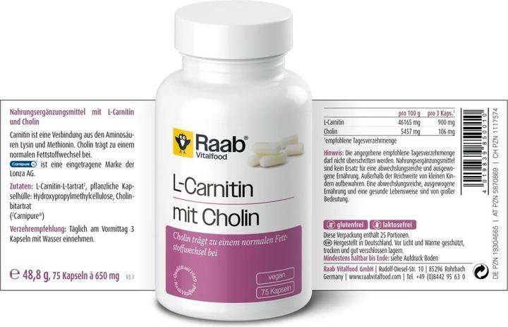 Nutritional values and ingredients Raab L-carnitine with choline (75 Piece, Capsules)