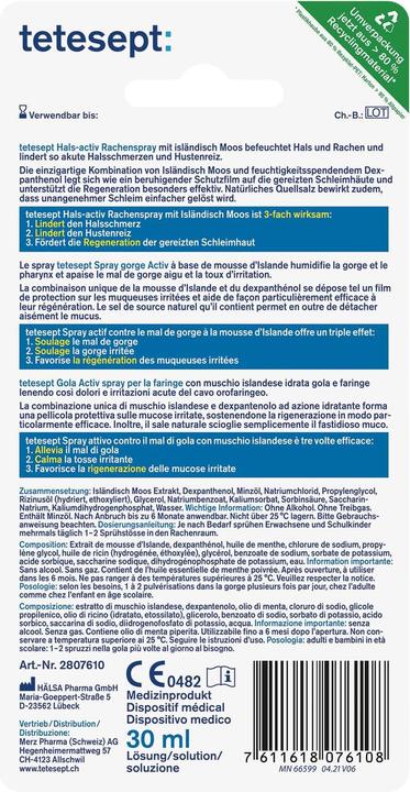 Valori nutrizionali e ingredienti Tetesept Throat-activ spray per la gola 30 ml (1 Pezzo/i)
