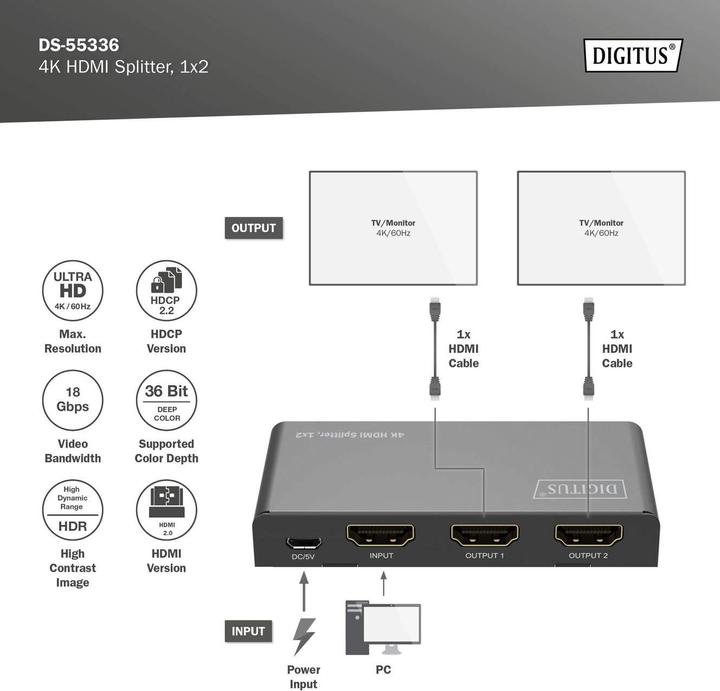 Immagine prodotto Digitus Splitter HDMI 4K, 1x2