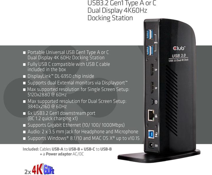 Produktbild Club 3D Dual Display Docking Station 4K60Hz (USB-B, 2 Ports)