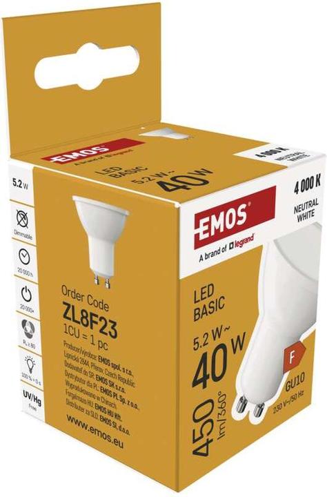 Produktbild Emos LED Lampe Basic MR16 / GU10 / 5,2 W (40 W) / 450 lm / Neutral Weiss (GU10, 5.20 W, 450 lm, 1 x, F)