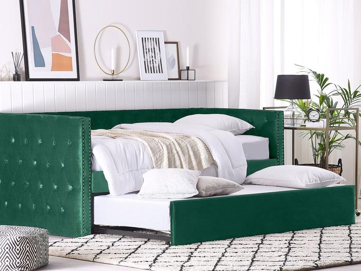 Actual product image Beliani Daybed extendable velvet fabric green slatted frame 90 x 200 cm GASSIN (90 x 200 cm)