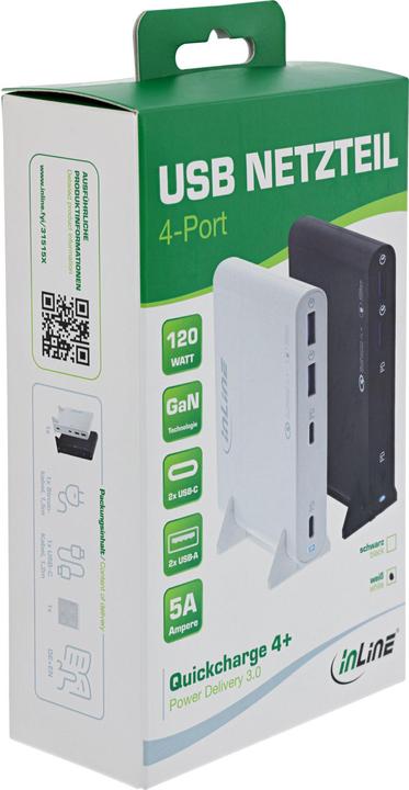 Image du produit InLine Adaptateur secteur USB, chargeur GaN, 4 ports, Dual USB-C + Dual USB-A, 120W, blanc (120 W)