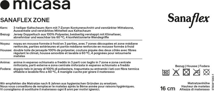 Nährwerte und Zutaten Sanaflex Zone (140 x 200 cm, Schaumstoffkern)