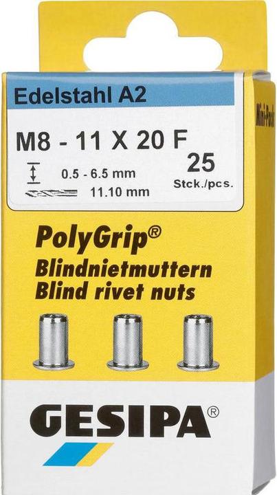 Produktbild Gesipa Blindnietmutter PolyGrip® Nietschaft dxl 11x20mm M8 VA A2 25 St.