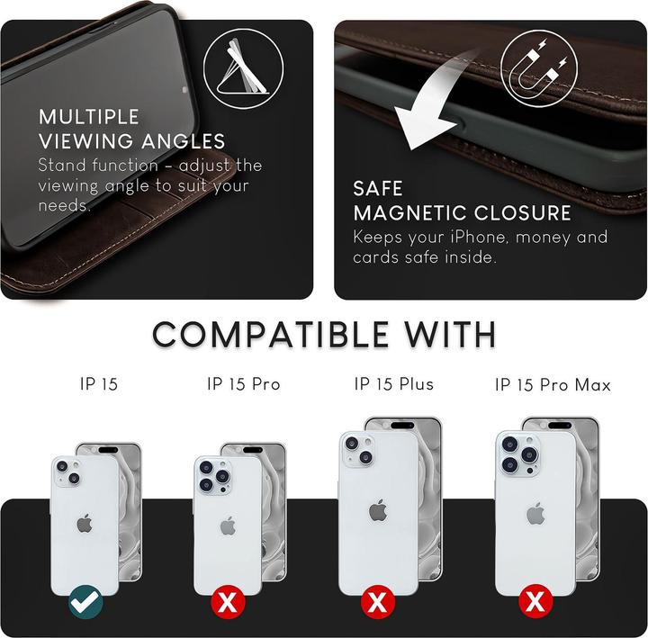Image du produit Nalia Housse en cuir véritable avec fermeture magnétique (Apple iPhone 15)