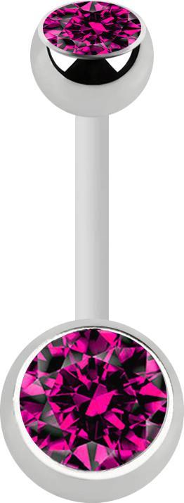 Star Piercing Banane weiss mit zwei Kugeln silber Kristall fuchsia (Chirurgenstahl 316L, ohne Messing, Bioflex)