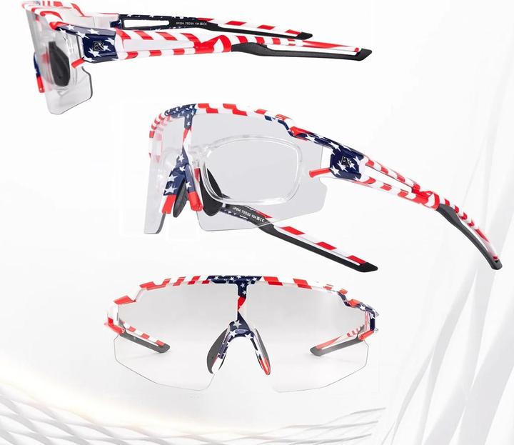 Actual product image Rockbros Cycling Glasses Photochromic with UV Protection and Corrective Insert 14120008002 - USA Pat (White with US flag motif)