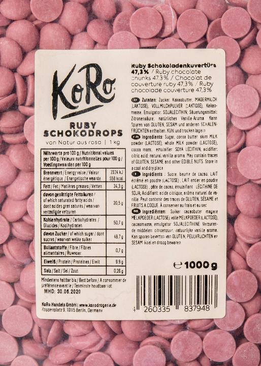 Image du produit KoRo Couverture de chocolat rose Drops de fèves de cacao Ruby (1000 g)