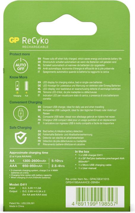 Produktbild GP Batteries E411 + 4x ReCyko+ Micro Rundzellen-Ladegerät inkl. Akkus NiMH Micro (AAA), Mignon (AA) (4 Stk., AAA, 850 mAh, Akku)